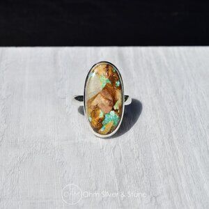 Sterling Silver Royston Matrix Turquoise Oval Ring - Size 9 Stamped 925 Silver